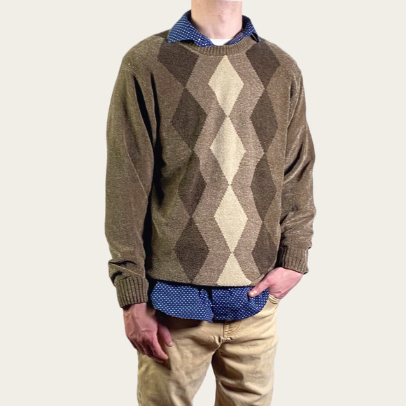 Dockers Brown Argyle Grandpa Pullover Fuzzy Crew Sweater Sz Large - Picture 1 of 7